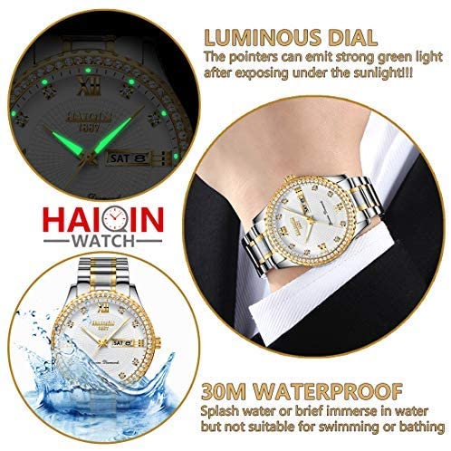 Relógios Masculinos HAIQIN Clássicos Diamante Banhado A Ouro Para Homens Aço Inoxidável À Prova D'água