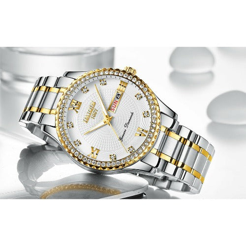 Relógios Masculinos HAIQIN Clássicos Diamante Banhado A Ouro Para Homens Aço Inoxidável À Prova D'água