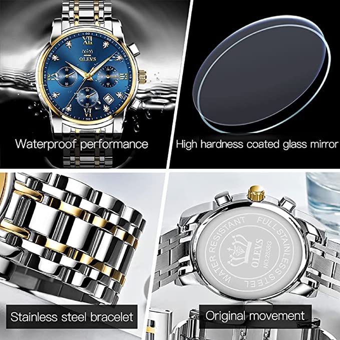 Relógios de pulso masculinos OLEVS, Analogico Quartz  Aço Inoxidável Relógios Luminosos Luxuosos Diamante Marcação Relógios cronógrafos multi-função