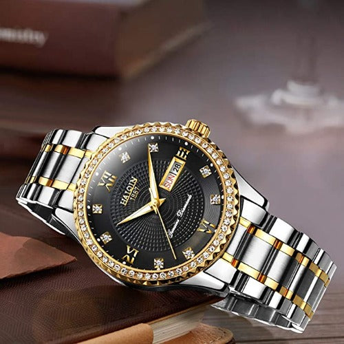 Relógios masculinos HAIQIN clássicos diamante banhado a ouro para homens aço inoxidável à prova d'água
