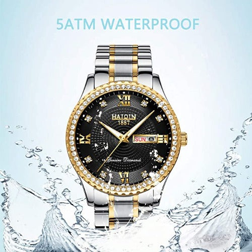 Relógios masculinos HAIQIN clássicos diamante banhado a ouro para homens aço inoxidável à prova d'água