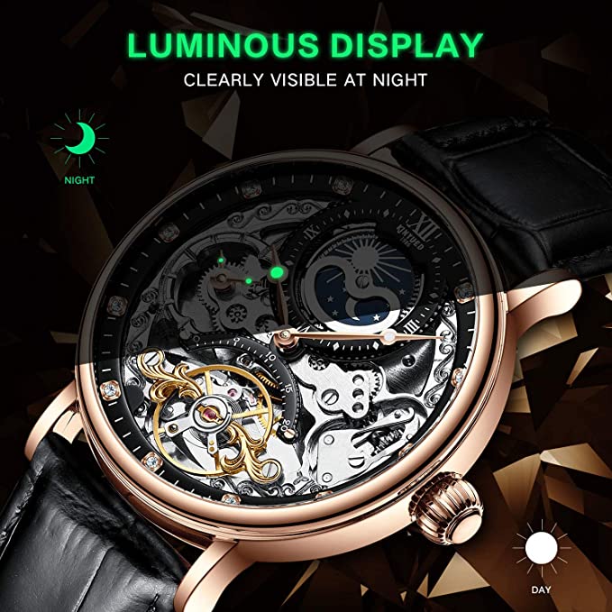 Relógio Bestn Esqueleto de Luxo Pulso Mecânico Automático Relógios de Couro Lua Frase Luminosa Mãos Auto-Vento